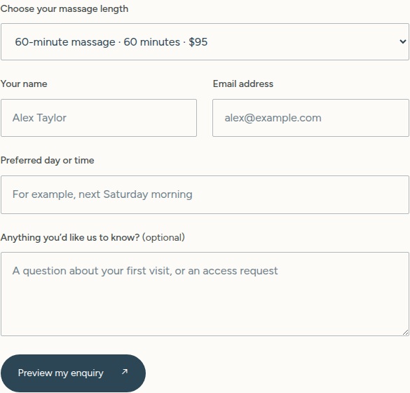 Service selection and enquiry form on June Massage