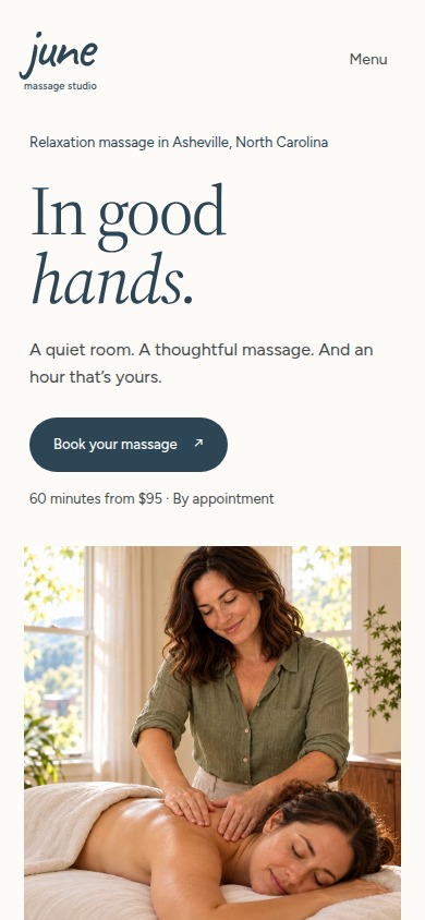 June Massage homepage on a phone